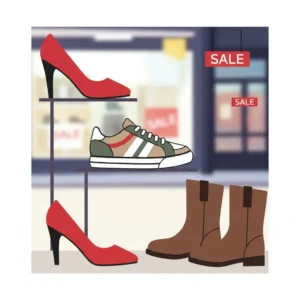 Illustrazione stilizzata di calzature donna e uomo in offerta per i saldi.