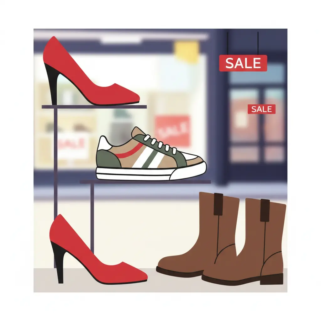 Illustrazione stilizzata di calzature donna e uomo in offerta per i saldi.