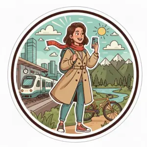 Illustrazione stile cartoon di una donna che indossa un trench beige, con zaino e sciarpa, in un paesaggio che unisce città, stazione ferroviaria e natura con montagne.