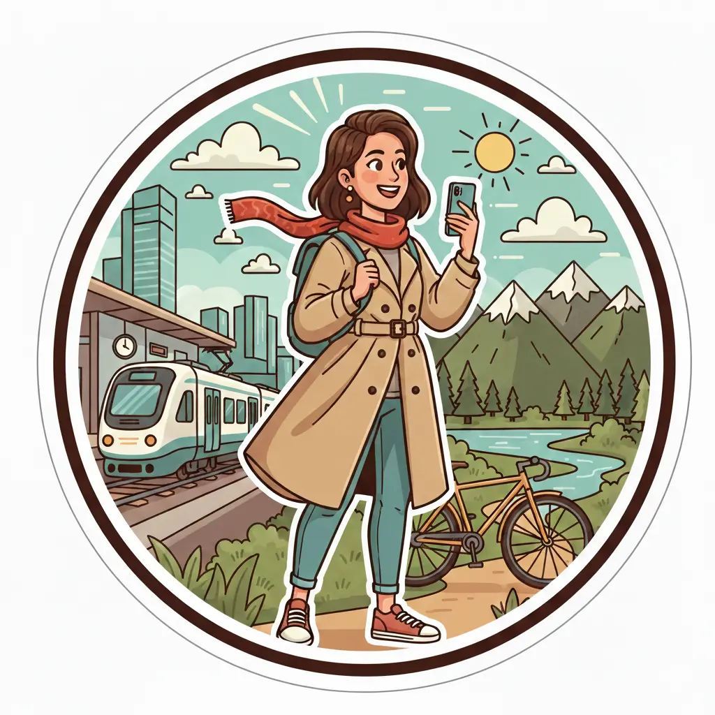 Illustrazione stile cartoon di una donna che indossa un trench beige, con zaino e sciarpa, in un paesaggio che unisce città, stazione ferroviaria e natura con montagne.