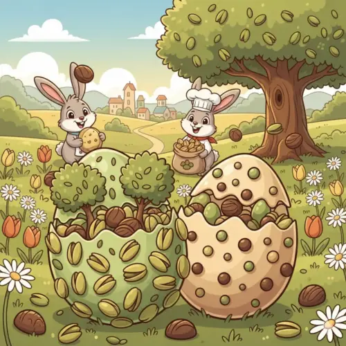 Illustrazione in stile cartoon che raffigura due uova di Pasqua aperte piene di pistacchi e cioccolatini, immerse in un paesaggio primaverile con coniglietti. Immagine generata con AI.