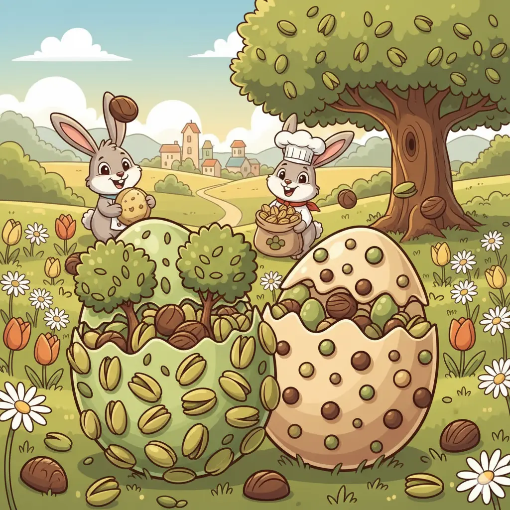 Illustrazione in stile cartoon che raffigura due uova di Pasqua aperte piene di pistacchi e cioccolatini, immerse in un paesaggio primaverile con coniglietti. Immagine generata con AI.