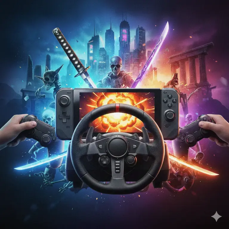 Composizione digitale di videogiochi del momento con console portatile, volante da corsa, controller e personaggi fantasy in stile cartone animato su sfondo urbano futuristico.
