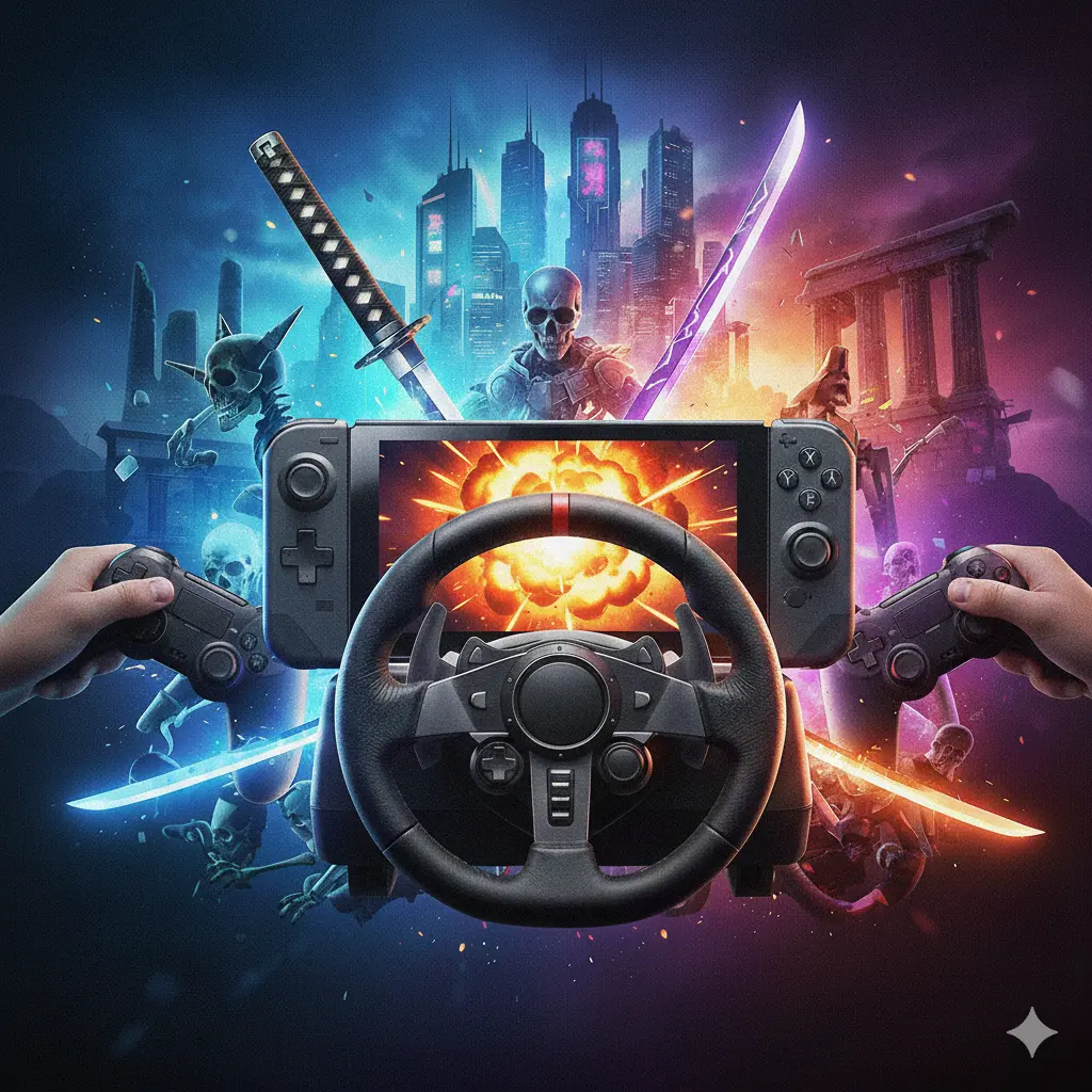 Composizione digitale di videogiochi del momento con console portatile, volante da corsa, controller e personaggi fantasy in stile cartone animato su sfondo urbano futuristico.