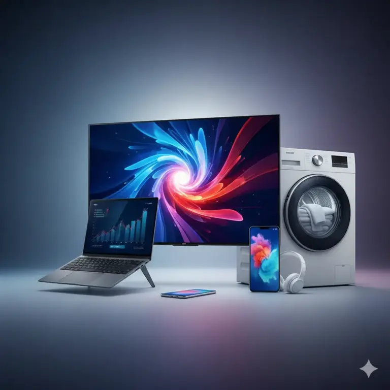 Composizione di prodotti tecnologici moderni tra cui una smart TV di grandi dimensioni, un notebook sottile, una lavatrice bianca e uno smartphone su uno sfondo astratto e pulito.