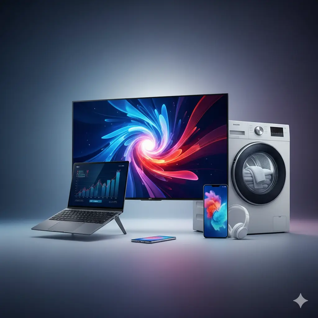 Composizione di prodotti tecnologici moderni tra cui una smart TV di grandi dimensioni, un notebook sottile, una lavatrice bianca e uno smartphone su uno sfondo astratto e pulito.