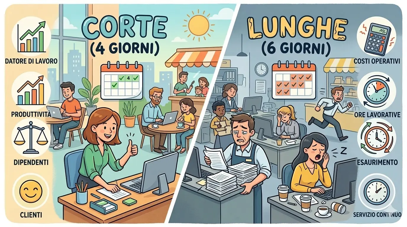 Un'infografica in stile cartoon generata da intelligenza artificiale che confronta due modelli di settimana lavorativa: a sinistra la settimana "Corte" di 4 giorni, con persone felici e icone che indicano alta produttività e clienti soddisfatti; a destra la settimana "Lunghe" di 6 giorni, con dipendenti stressati e stanchi, pile di scartoffie e icone di burnout. Al centro, un emblema con la scritta "CONFRONTO E ANALISI".