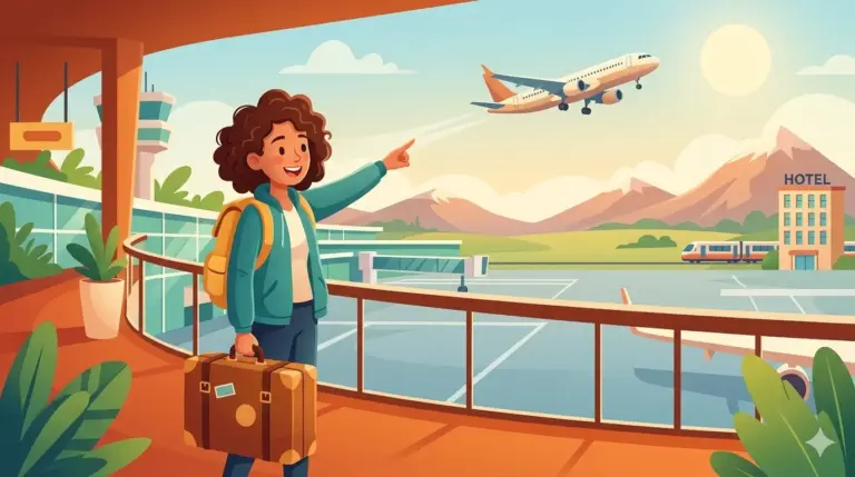 Un'illustrazione cartoon colorata che mostra una giovane viaggiatrice felice in aeroporto, che guarda un aereo decollare e punta il dito verso l'alto con una valigia e uno zaino. Sullo sfondo un terminal moderno, montagne e una stazione. Generata da AI.