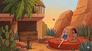 Illustrazione in stile cartoon generata da IA che mostra due donne in costume da bagno mentre chiacchierano su un grande cuscino arancione all'aperto. Sullo sfondo un paesaggio desertico con cactus, rocce e un hotel al tramonto. In primo piano un cartello di legno con la scritta "COLLEZIONE SWIM 2026".