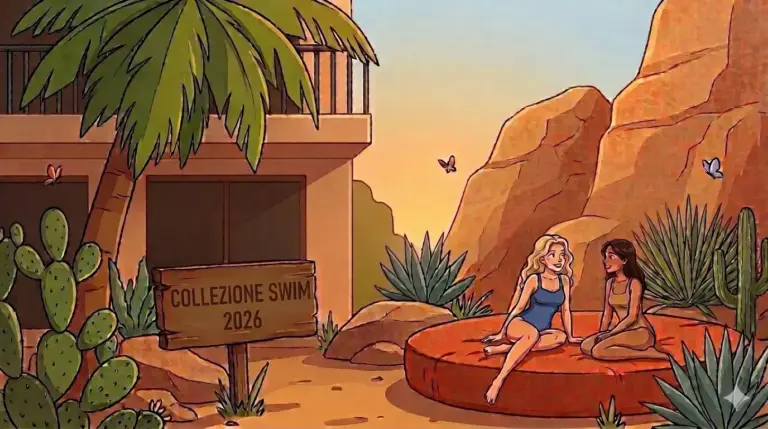 Illustrazione in stile cartoon generata da IA che mostra due donne in costume da bagno mentre chiacchierano su un grande cuscino arancione all'aperto. Sullo sfondo un paesaggio desertico con cactus, rocce e un hotel al tramonto. In primo piano un cartello di legno con la scritta "COLLEZIONE SWIM 2026".