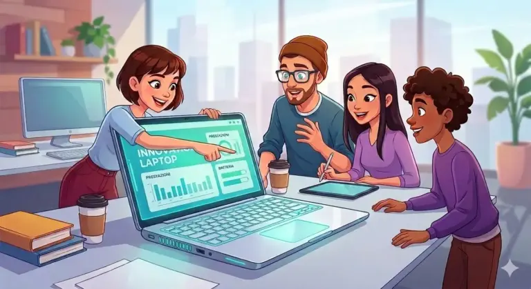 Un'illustrazione stilizzata (cartoon) generata via AI mostra un gruppo di quattro giovani professionisti diversi riuniti intorno a un laptop futuristico su una scrivania. Una donna a sinistra indica lo schermo del laptop, che visualizza grafici e testo con l'etichetta "INNOVATION LAPTOP". Un uomo al centro, con occhiali e berretto, e un'altra donna alla sua destra, che tiene uno stilo su un tablet, guardano lo schermo con entusiasmo. Una quarta persona a destra guarda il gruppo. Lo sfondo è un moderno ufficio open space con scrivanie, computer, piante e una vista sullo skyline della città. L'immagine trasmette collaborazione e innovazione tecnologica.