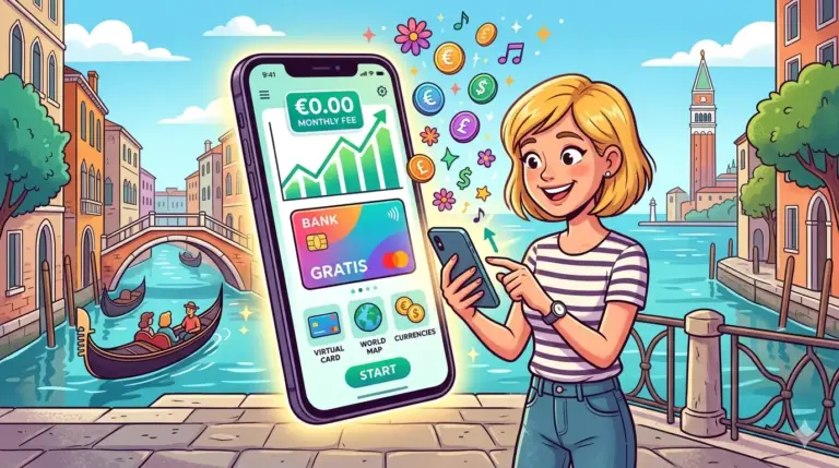 Un'illustrazione digitale generata dall'intelligenza artificiale mostra una donna bionda con una maglietta a righe in piedi su un ponte a Venezia. Sta usando un'app bancaria sul suo telefono, e un'immagine più grande del telefono mostra un'interfaccia utente colorata con le scritte '€0.00 MONTHLY FEE' e 'GRATIS'. Monete e icone di valuta stilizzate galleggiano nell'aria intorno a lei, e sullo sfondo ci sono gondole sui canali e edifici storici veneziani.