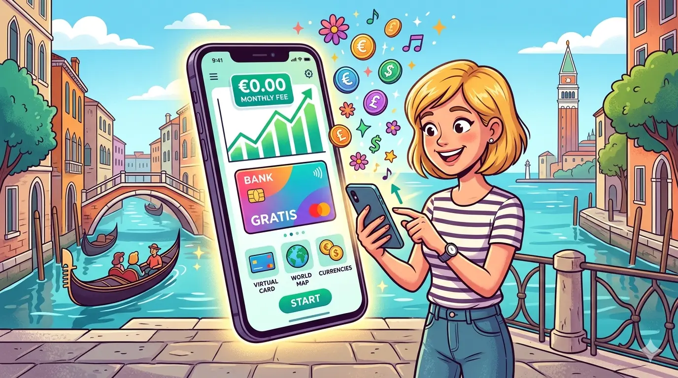 Un'illustrazione digitale generata dall'intelligenza artificiale mostra una donna bionda con una maglietta a righe in piedi su un ponte a Venezia. Sta usando un'app bancaria sul suo telefono, e un'immagine più grande del telefono mostra un'interfaccia utente colorata con le scritte '€0.00 MONTHLY FEE' e 'GRATIS'. Monete e icone di valuta stilizzate galleggiano nell'aria intorno a lei, e sullo sfondo ci sono gondole sui canali e edifici storici veneziani.