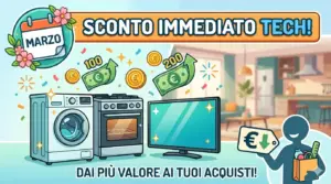 Illustrazione in stile cartoon che promuove sconti tech di marzo: un calendario con la scritta 'MARZO' tra fiori, una lavatrice, un forno e una TV. Sopra gli elettrodomestici volano monete e banconote da 100 e 200 Euro. In alto il testo 'SCONTO IMMEDIATO TECH!', in basso 'DAI PIÙ VALORE AI TUOI ACQUISTI!'. Sulla destra, una silhouette sorridente regge una borsa della spesa e un cartellino con il simbolo dell'Euro e una freccia verso il basso. Generato da AI.