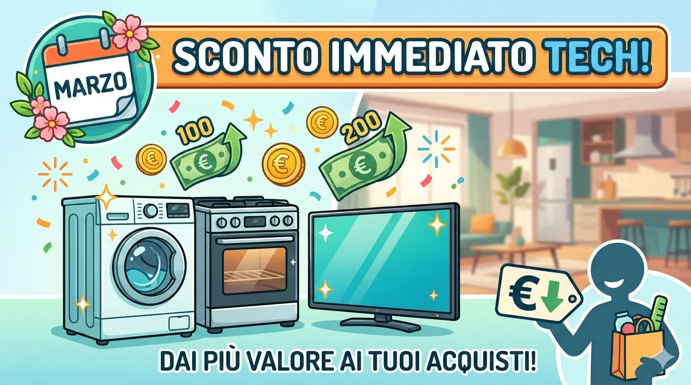 Illustrazione in stile cartoon che promuove sconti tech di marzo: un calendario con la scritta 'MARZO' tra fiori, una lavatrice, un forno e una TV. Sopra gli elettrodomestici volano monete e banconote da 100 e 200 Euro. In alto il testo 'SCONTO IMMEDIATO TECH!', in basso 'DAI PIÙ VALORE AI TUOI ACQUISTI!'. Sulla destra, una silhouette sorridente regge una borsa della spesa e un cartellino con il simbolo dell'Euro e una freccia verso il basso. Generato da AI.