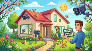 Un'illustrazione cartoon colorata che mostra una casa moderna in primavera circondata da fiori e alberi. Vari sistemi di telecamere di sicurezza sono installati all'esterno e all'interno. Un uomo in primo piano tiene un tablet che mostra il testo: "SALDI DI PRIMAVERA IMOU 2026 - Codice: SPR25". Una donna lavora in giardino e un gatto gioca con una farfalla. Un sole felice e uccellini completano la scena. Generato da AI.