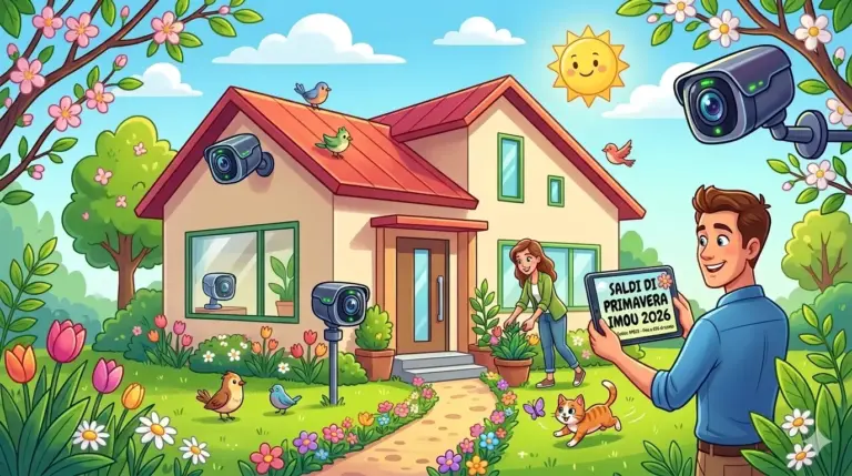 Un'illustrazione cartoon colorata che mostra una casa moderna in primavera circondata da fiori e alberi. Vari sistemi di telecamere di sicurezza sono installati all'esterno e all'interno. Un uomo in primo piano tiene un tablet che mostra il testo: "SALDI DI PRIMAVERA IMOU 2026 - Codice: SPR25". Una donna lavora in giardino e un gatto gioca con una farfalla. Un sole felice e uccellini completano la scena. Generato da AI.