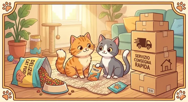 Due gatti in stile cartoon circondati da pacchi e scorte di cibo in un ambiente domestico accogliente. Immagine generata con AI.