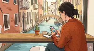 Una donna di schiena con un maglione arancione guarda lo smartphone seduta in un bar di fronte a un canale di Venezia; immagine illustrativa per l'articolo sui nuovi TikTok 2026 Termini e Condizioni.