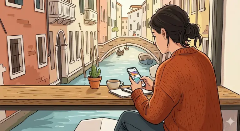 Una donna di schiena con un maglione arancione guarda lo smartphone seduta in un bar di fronte a un canale di Venezia; immagine illustrativa per l'articolo sui nuovi TikTok 2026 Termini e Condizioni.