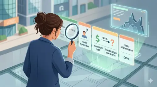 Illustrazione concettuale generata da AI che mostra una persona analizzare annunci di lavoro con una lente d'ingrandimento, svelando dettagli nascosti.