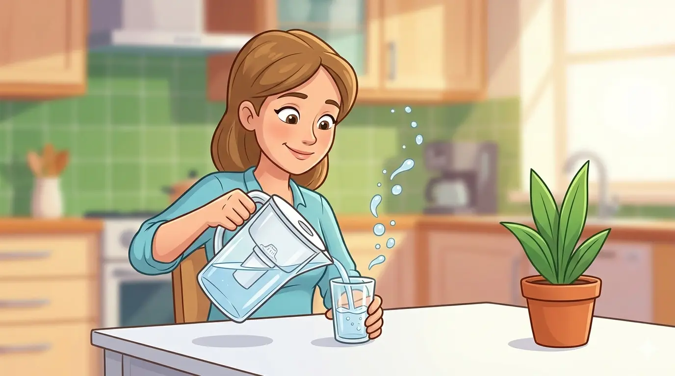 Illustrazione cartoon di una donna che versa acqua fresca da una caraffa filtrante in un bicchiere in cucina.