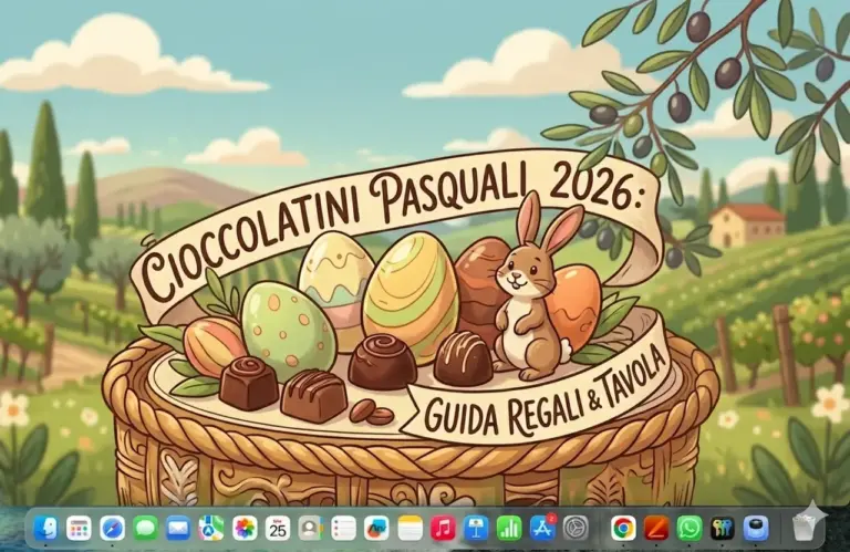 Illustrazione cartoon di un cesto pasquale con uova e cioccolatini generata da AI.