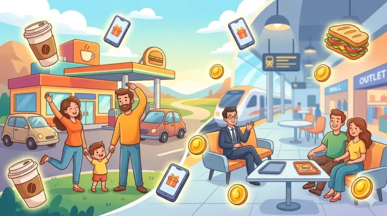 Illustrazione cartoon che mostra i diversi modi per ottenere i codici sconto Autogrill e premi: una famiglia in autostrada e viaggiatori in una stazione/outlet con icone fluttuanti di caffè, panini e punti. Immagine generata da AI.