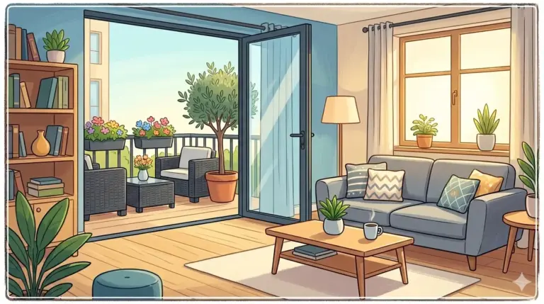 Illustrazione digitale in stile cartoon di un moderno salotto luminoso con divano grigio e libreria, aperto tramite una porta-finestra su un balcone arredato con piante e fiori. Immagine generata da IA.
