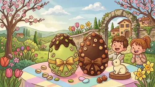 Un'illustrazione artistica, generata da IA, in stile cartoon che raffigura due Uova di Pasqua Venchi Gran Gourmet (una al Pistacchio e una Nocciolato Fondente) su un tavolo imbandito in un paesaggio italiano primaverile, con due bambini sorridenti e un coniglietto di cioccolato.