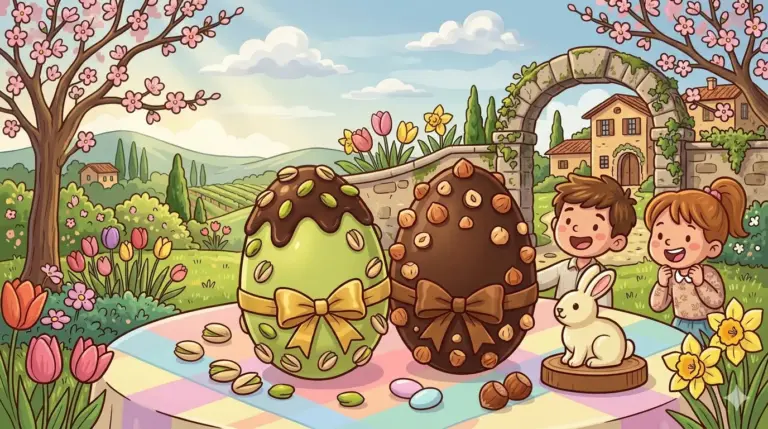 Un'illustrazione artistica, generata da IA, in stile cartoon che raffigura due Uova di Pasqua Venchi Gran Gourmet (una al Pistacchio e una Nocciolato Fondente) su un tavolo imbandito in un paesaggio italiano primaverile, con due bambini sorridenti e un coniglietto di cioccolato.