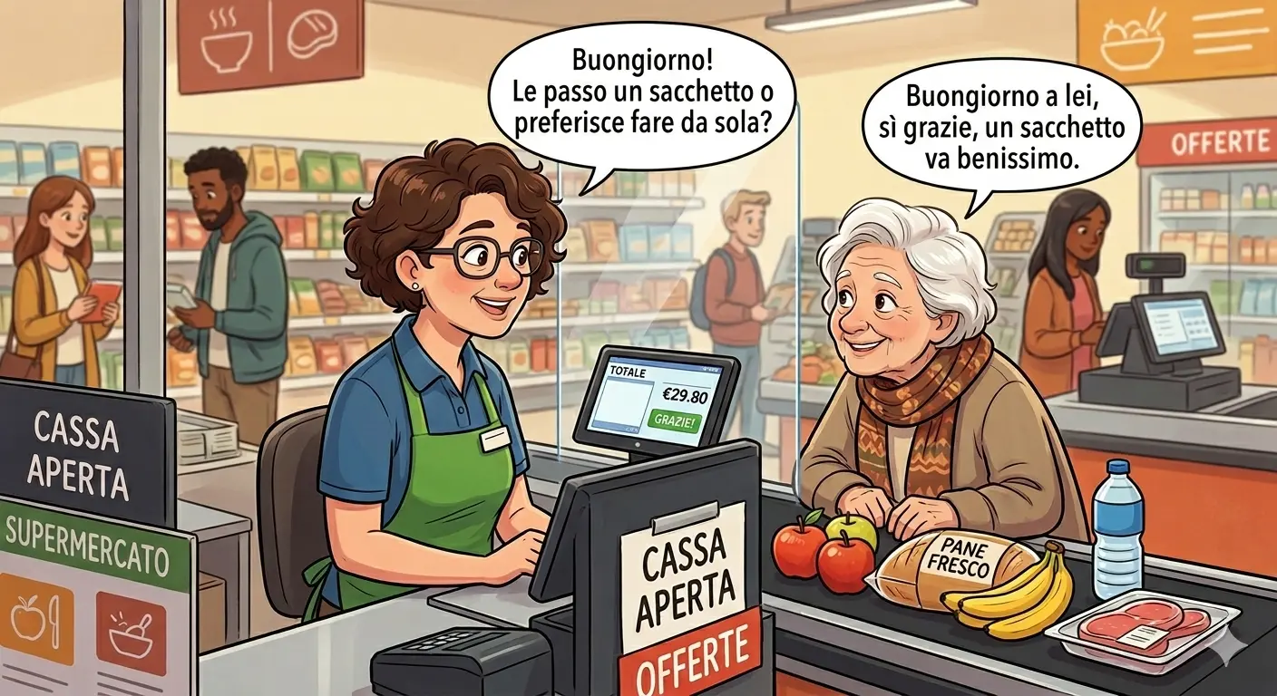 Illustrazione cartoon di un'interazione cordiale alla cassa di un supermercato: l'addetta alle vendite offre un sacchetto con discrezione, mettendo al centro il rapporto umano nel commercio.