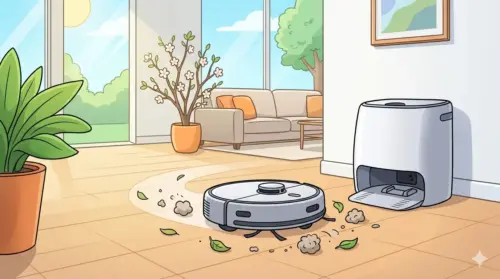 Un'illustrazione cartoon luminosa di un robot aspirapolvere Narwal che pulisce un pavimento in legno in una casa moderna e soleggiata durante la primavera. Vicino c'è la stazione di ricarica. Immagine generata da IA.