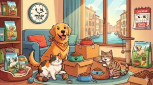 Un'illustrazione cartoon colorata, generata da IA, che mostra una scena domestica festosa con un cane Golden Retriever e due gatti circondati da confezioni di cibo per animali. Sullo sfondo, un orologio e un calendario indicano le date della promozione '6-16 Marzo 2026', con una vista sui canali di Venezia fuori dalla finestra.
