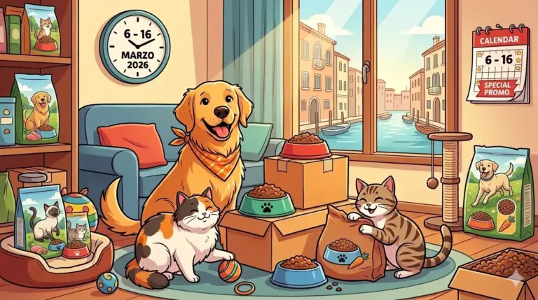 Un'illustrazione cartoon colorata, generata da IA, che mostra una scena domestica festosa con un cane Golden Retriever e due gatti circondati da confezioni di cibo per animali. Sullo sfondo, un orologio e un calendario indicano le date della promozione '6-16 Marzo 2026', con una vista sui canali di Venezia fuori dalla finestra.