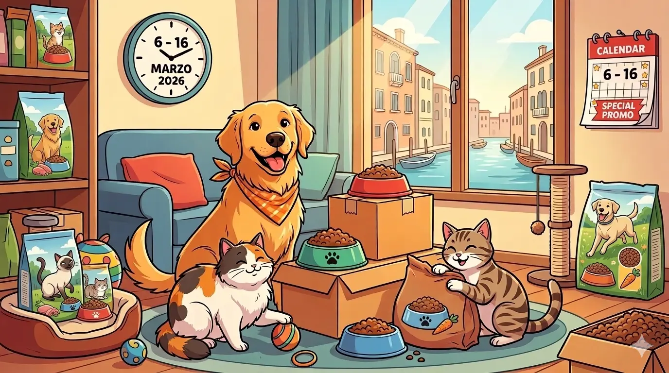 Un'illustrazione cartoon colorata, generata da IA, che mostra una scena domestica festosa con un cane Golden Retriever e due gatti circondati da confezioni di cibo per animali. Sullo sfondo, un orologio e un calendario indicano le date della promozione '6-16 Marzo 2026', con una vista sui canali di Venezia fuori dalla finestra.