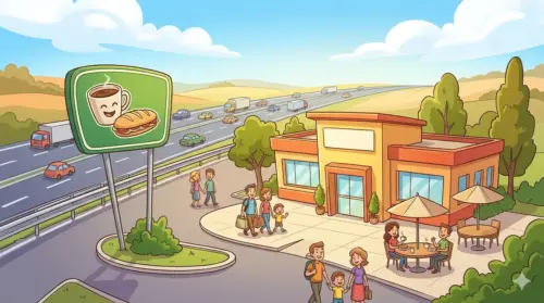 Illustrazione in stile cartoon di un'area di sosta autostradale con persone che mangiano all'aperto, un bar ristorante moderno e un'insegna con caffè e panino su uno sfondo collinare.