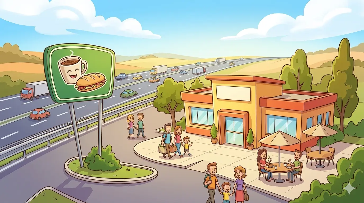 Illustrazione in stile cartoon di un'area di sosta autostradale con persone che mangiano all'aperto, un bar ristorante moderno e un'insegna con caffè e panino su uno sfondo collinare.