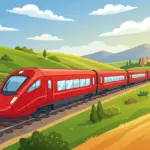 Illustrazione in stile cartoon di un treno moderno ad alta velocità di colore rosso che attraversa le colline italiane.