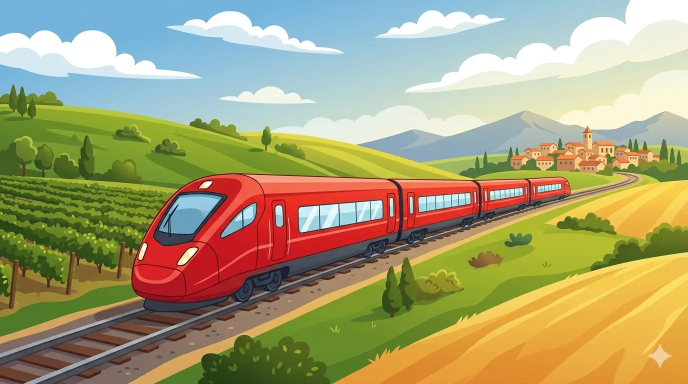 Illustrazione in stile cartoon di un treno moderno ad alta velocità di colore rosso che attraversa le colline italiane.