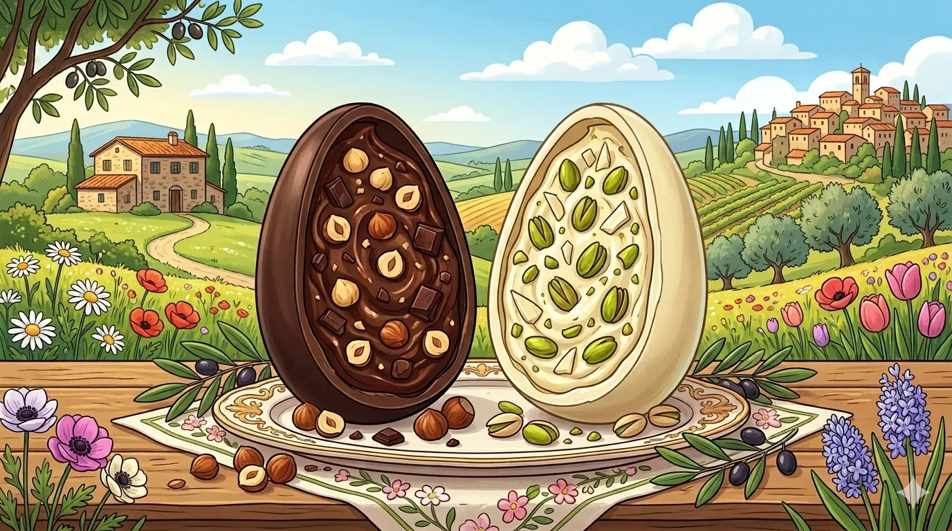 Illustrazione stile cartoon di due uova Venchi Pasqua 2026 linea Gran Gourmet al pistacchio e cioccolato fondente con nocciole, creata con AI.