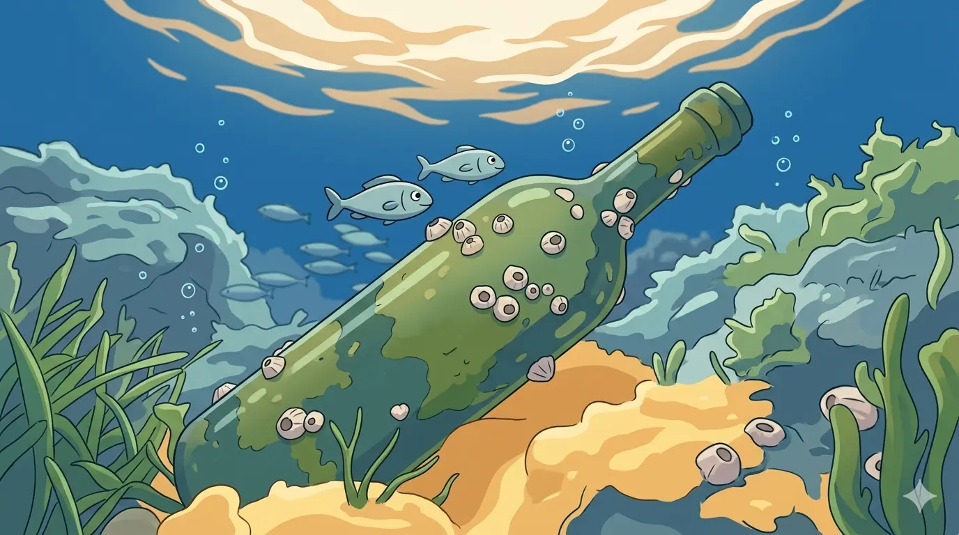 Illustrazione in stile cartoon di una bottiglia di vino ricoperta di conchiglie sul fondale marino, circondata da pesci e vegetazione acquatica. Immagine generata da intelligenza artificiale.