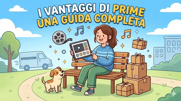 Un'illustrazione in stile cartoon che mostra una ragazza seduta su una panchina in un parco, felice mentre usa un tablet. Sopra di lei c'è il titolo "I VANTAGGI DI PRIME, UNA GUIDA COMPLETA". L'immagine include elementi visivi dei servizi offerti: un furgone per le consegne (con la scritta "SPEDIZIONI"), pacchi, icone musicali, una bobina di pellicola e un cane. Immagine generata da intelligenza artificiale.
