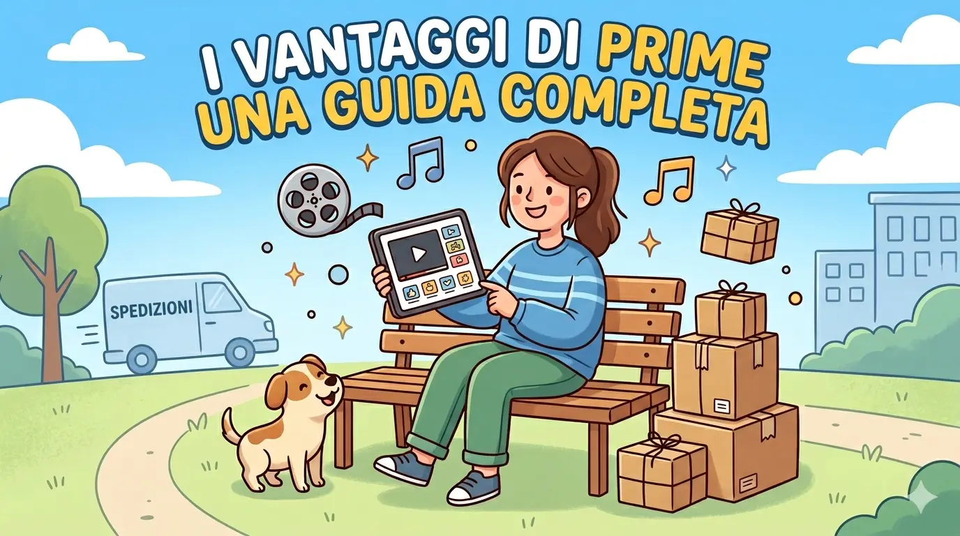 Un'illustrazione in stile cartoon che mostra una ragazza seduta su una panchina in un parco, felice mentre usa un tablet. Sopra di lei c'è il titolo "I VANTAGGI DI PRIME, UNA GUIDA COMPLETA". L'immagine include elementi visivi dei servizi offerti: un furgone per le consegne (con la scritta "SPEDIZIONI"), pacchi, icone musicali, una bobina di pellicola e un cane. Immagine generata da intelligenza artificiale.