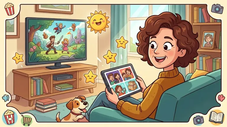 Una illustrazione in stile cartoon che mostra una donna rilassata sul divano mentre guarda un film e usa un tablet per le videochiamate, rappresentando i vantaggi Amazon Prime di intrattenimento e connettività. Immagine generata da intelligenza artificiale.