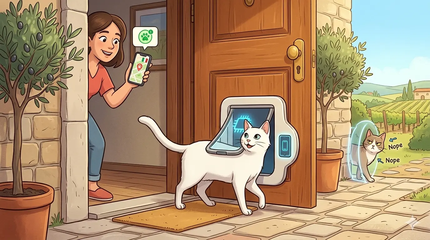 Illustrazione stile cartoon di una proprietaria felice che controlla tramite smartphone la sua gattaiola smart mentre un gatto bianco con microchip vi passa attraverso.