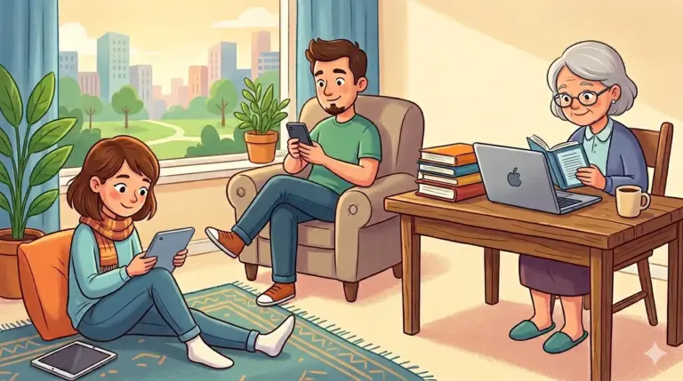 Un'illustrazione cartoon che mostra tre generazioni che leggono su diversi dispositivi in un salotto accogliente. Una giovane donna legge su un tablet sul pavimento, un uomo usa uno smartphone su una poltrona e un'anziana donna legge un libro fisico e usa un laptop a un tavolo.