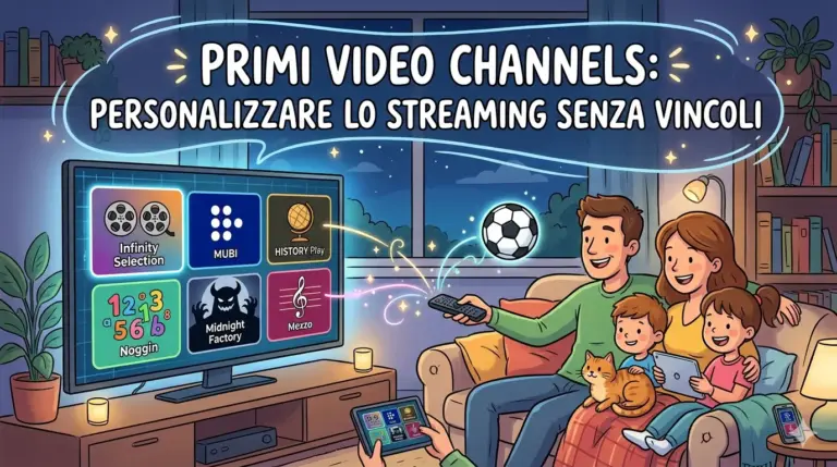 Un'illustrazione generata dall'IA che mostra una famiglia felice seduta su un divano a guardare la TV. La TV mostra un menu di icone dei canali Prime Video. Un grande testo a fumetto in alto dice "PRIMI VIDEO CHANNELS: PERSONALIZZARE LO STREAMING SENZA VINCOLI".