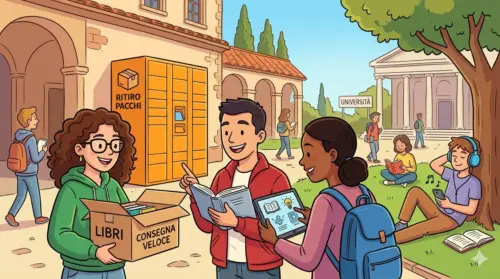 Illustrazione in stile cartoon che mostra un gruppo di studenti universitari in un cortile accademico mentre interagiscono con un pacco e dei libri. Un grande armadietto di colore giallo con la scritta "RITIRO PACCHI" è visibile sullo sfondo, insieme a studenti che studiano e ascoltano musica sull'erba. Immagine generata da intelligenza artificiale.