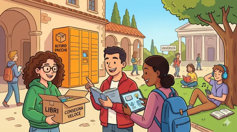 Illustrazione in stile cartoon che mostra un gruppo di studenti universitari in un cortile accademico mentre interagiscono con un pacco e dei libri. Un grande armadietto di colore giallo con la scritta "RITIRO PACCHI" è visibile sullo sfondo, insieme a studenti che studiano e ascoltano musica sull'erba. Immagine generata da intelligenza artificiale.